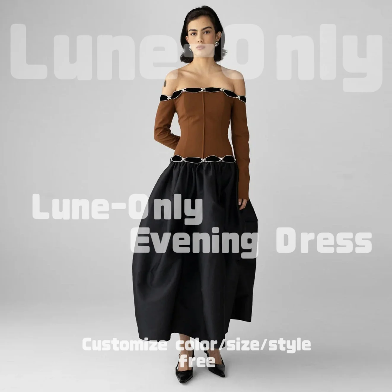 

Customized Brown Black Off Shoulder Formal Evening Dresses Prom Gown Beaded Long Sleeve Satin Bubble Midi Elegant Party Dress
