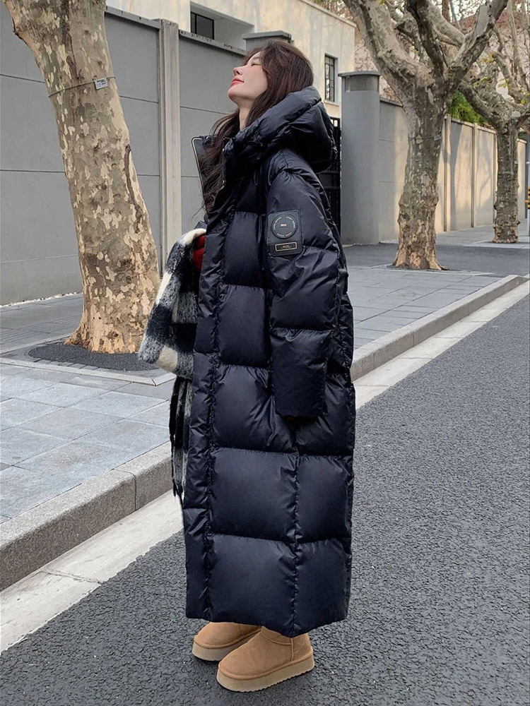 

2025 Winter New Black Gold Down Cotton Jacket Long Over Knee Versatile Cotton Jacket Thick Loose Coat for Women's