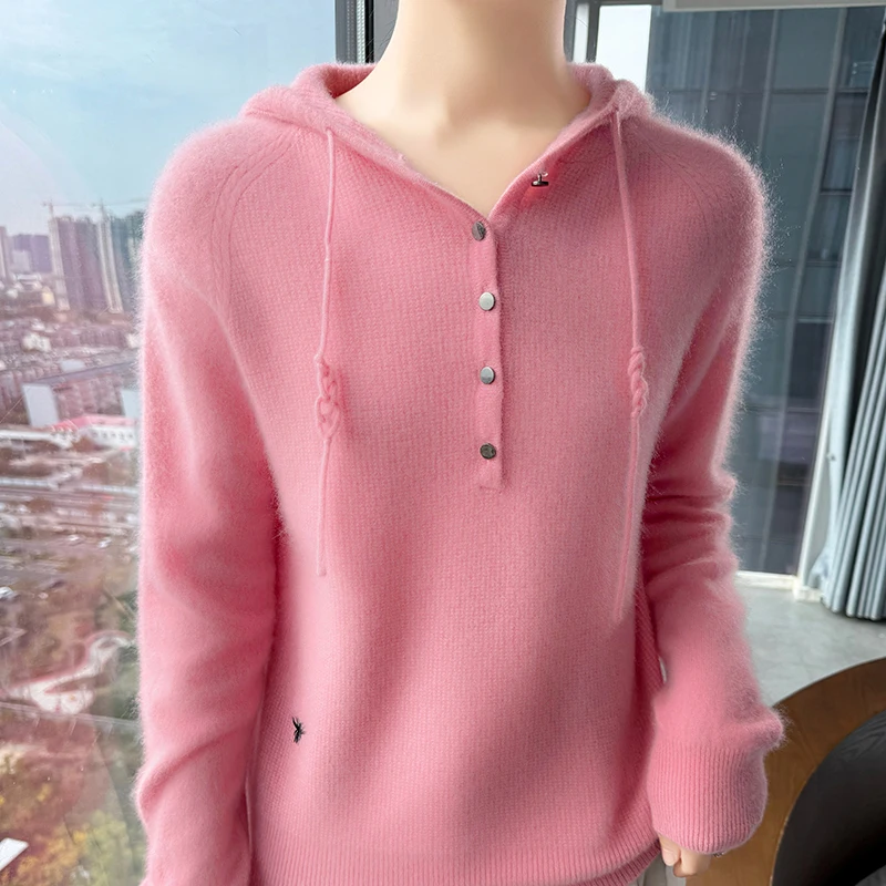 2024 New 100% Cashmere Women Sweater Pullover Hoodie Long-sleeves Button Winter Thickening Warm Knit Tops Female