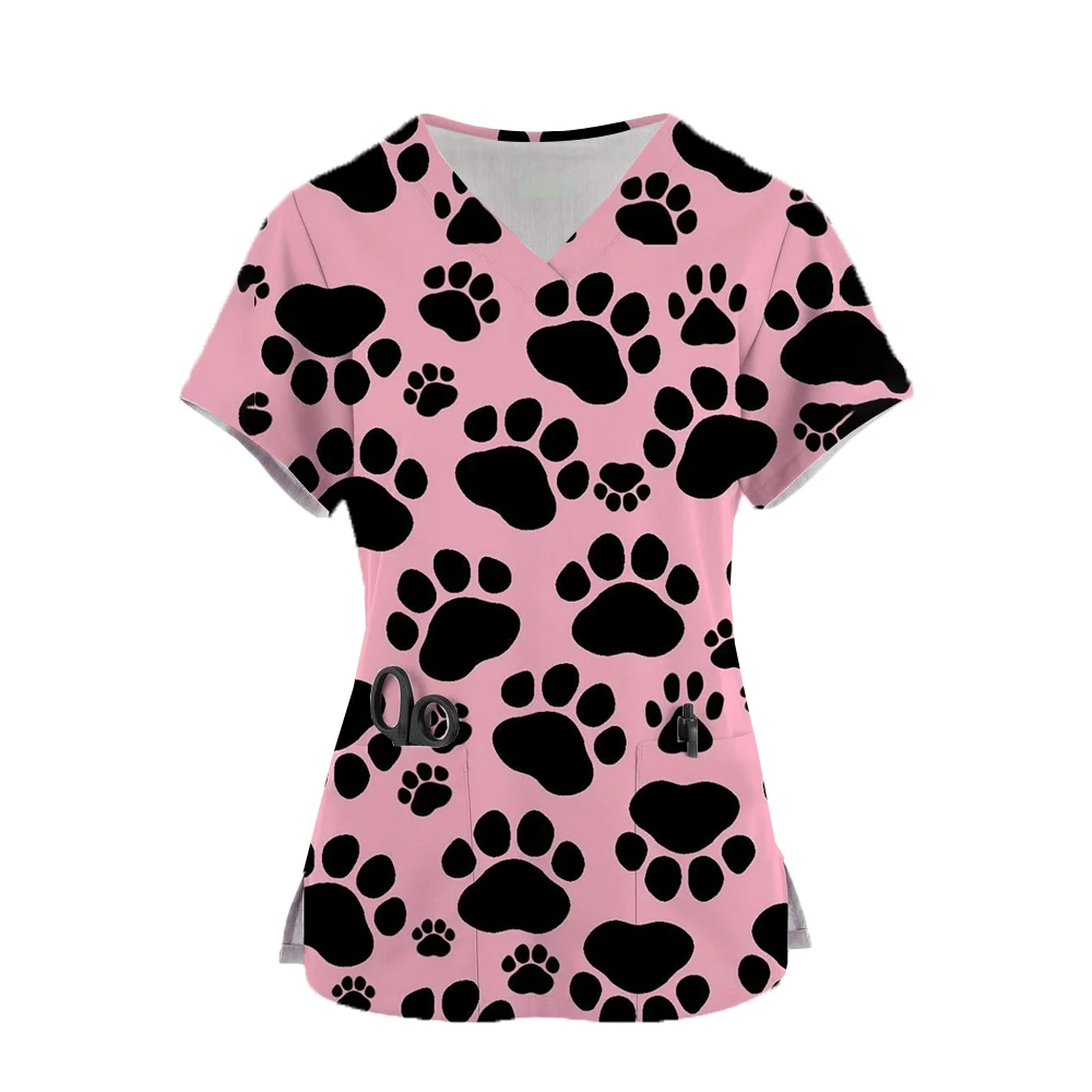 Pet paw print frosted top women's pocket V-neck frosted uniform pet beauty nurse spa care shirt uniform