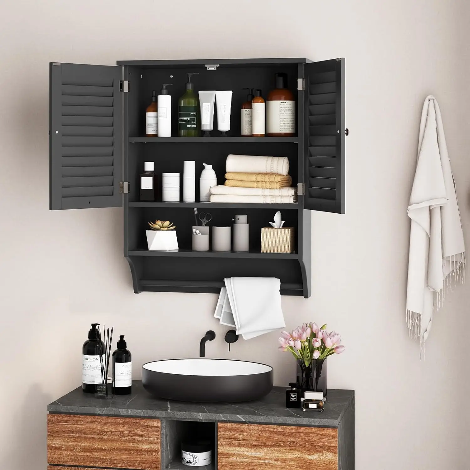 Bathroom Medicine Cabinet, Storage Cabinet with Double Louvered Doors, Wall Mounted Cabinet with Open Shelf & Towel Bar