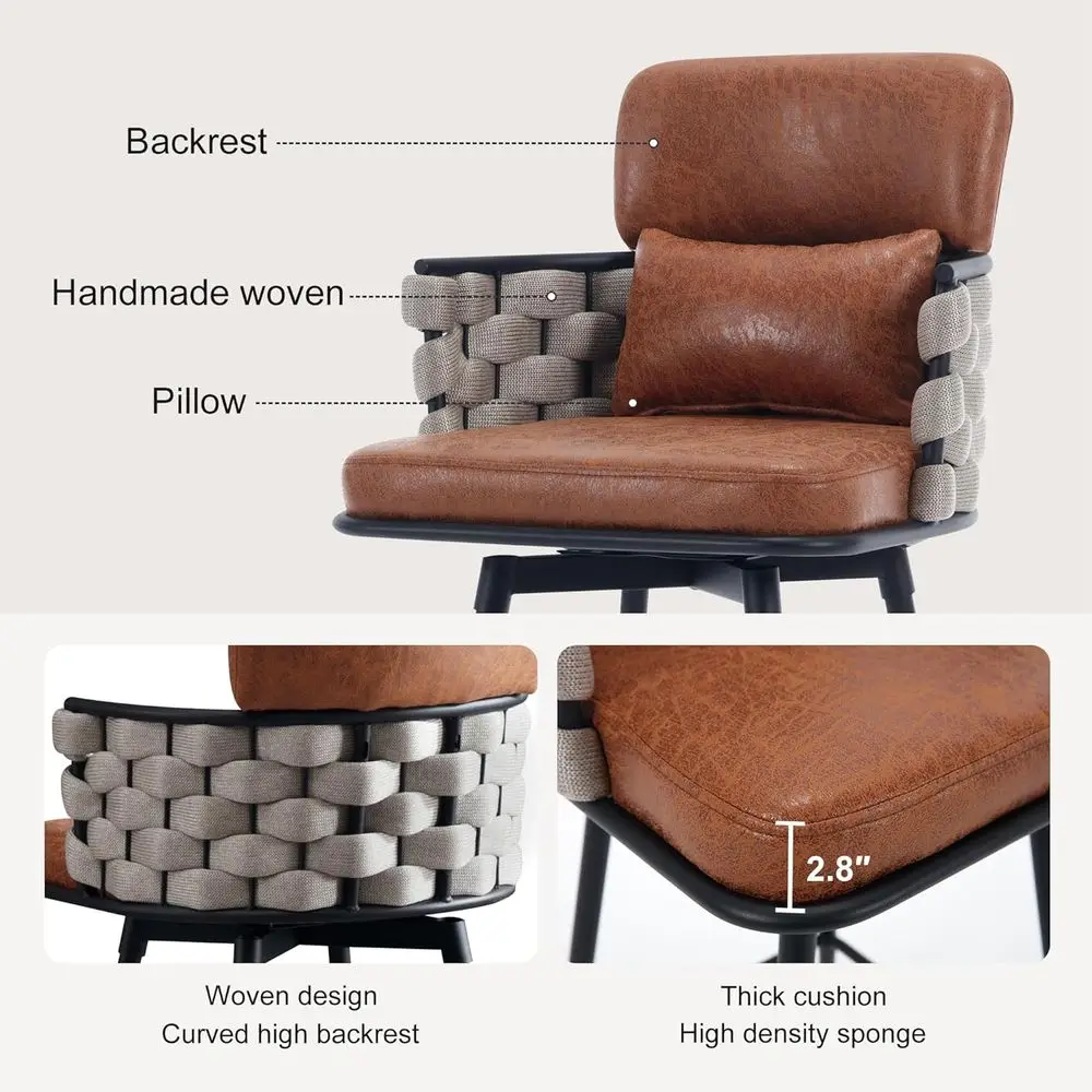Bar Stools Set o 2, 26inch Counter Height Bar Stools, Swivel Hand-Woven Barstool, -Century Upholstered Suede abric Bar Chair wit view 3