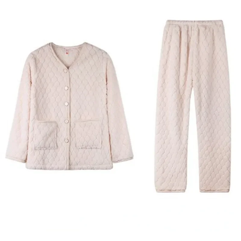 2024 New Pajama Women's Autumn Winter Coral Plush Thickened Loungewear Simple Warm Flannel Sleepwear Outdoor V-neck Homewear Set
