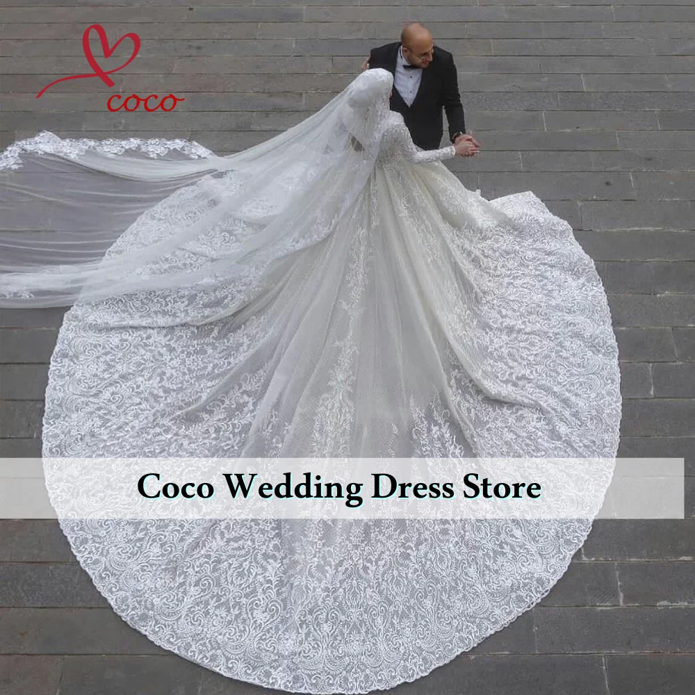 Aangepaste luxe moslim kant applicaties hoge hals trouwjurken lange mouwen met rechter trein tule bruidsjurken voor dames