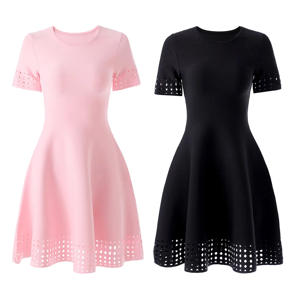 

2026 Spring New Fashionable Casual O-Neck Dress Full Skirt Slim Waist Pink Hollow-Out Short-Sleeve dresses for woman robe femme