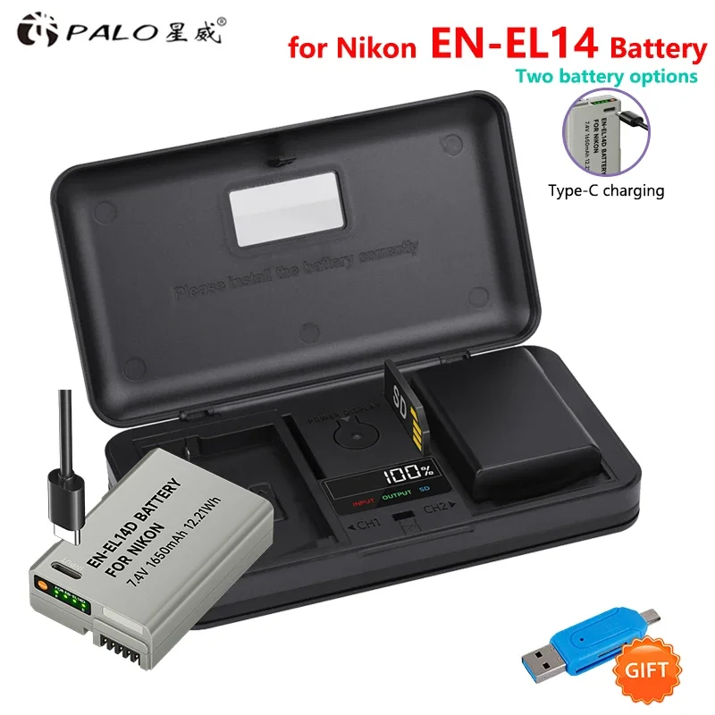 

EN-EL14 USB Type C EN-EL14a EN EL14 Battery + Battery Charger Case for Nikon D3100 D3200 D3300 D3400 D3500 D5600 D5100 D5200