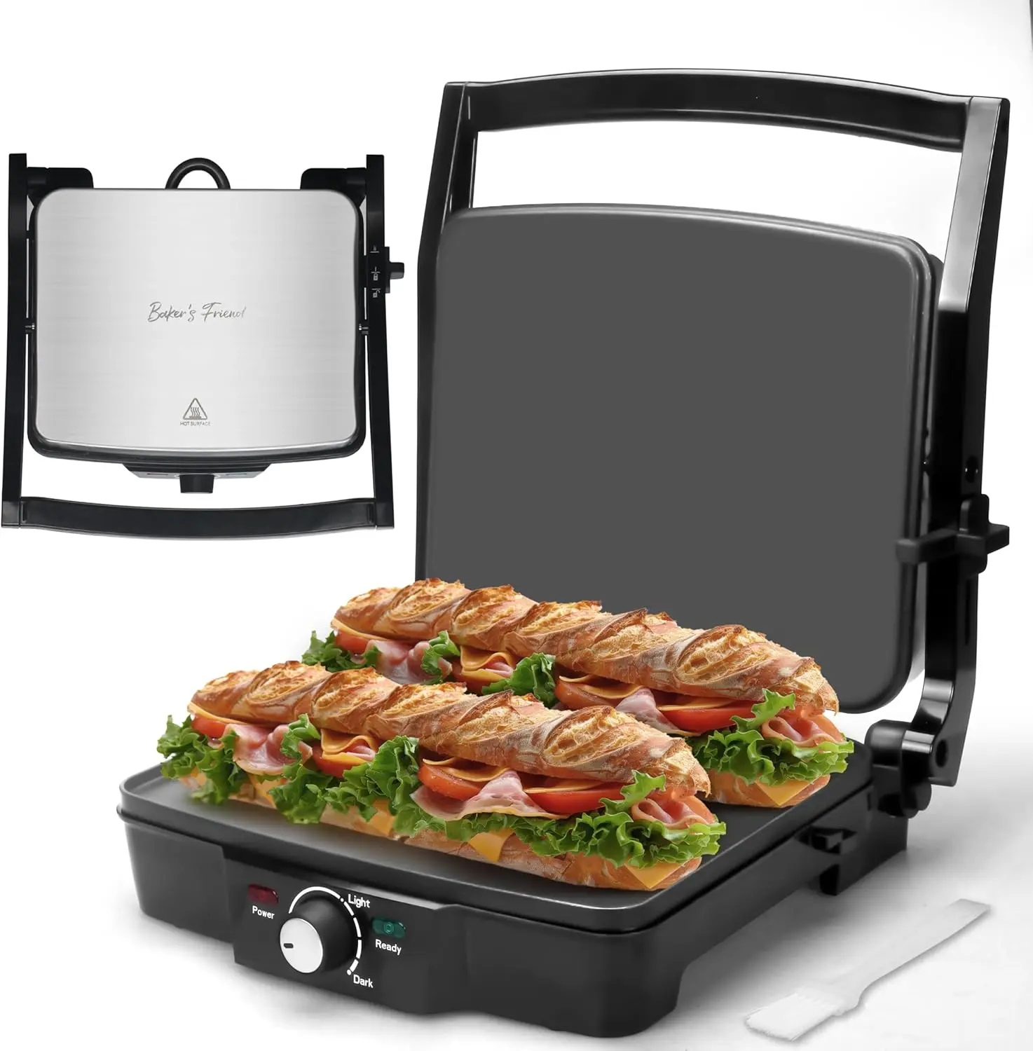 

Electric Panini Press, Grilled Cheese Maker, 4-Slice Sandwich Grill, Non-Stick Surfaces, Stainless Steel, Browning Control