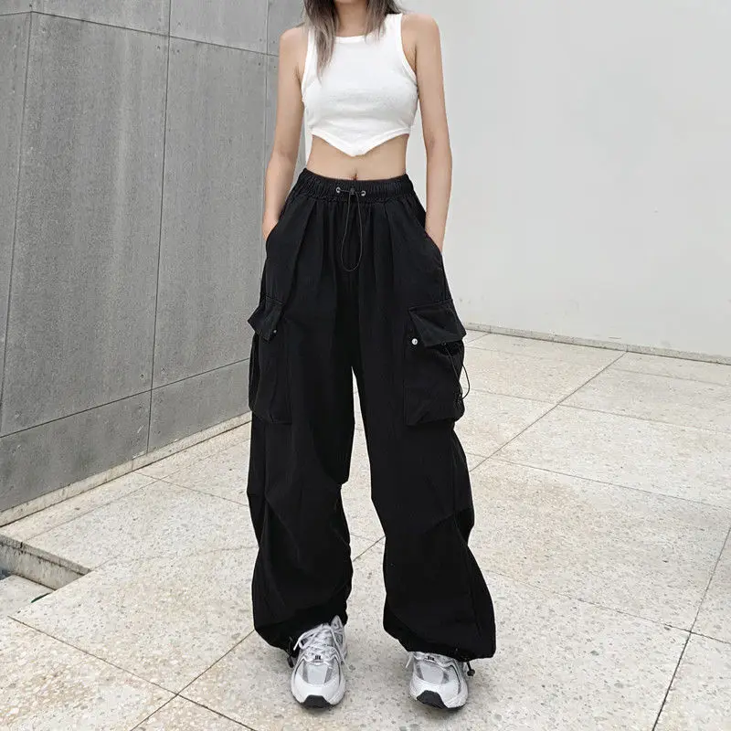 Vintage Drawstring Baggy Cargo Pants Women Summer Y2k Casual Streetwear Loose Wide Leg Trousers Elastic Wasit Pockets 2023