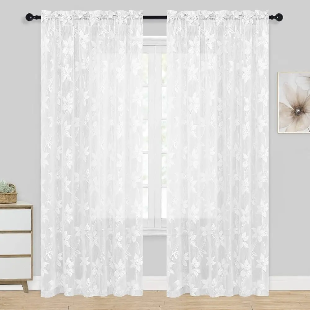 

White Floral Lace Sheer Ains - Extra Wide 84 H Long Floral Lace Design Rod Pocket Window Voile Sheer Drapes For Bedroom Living