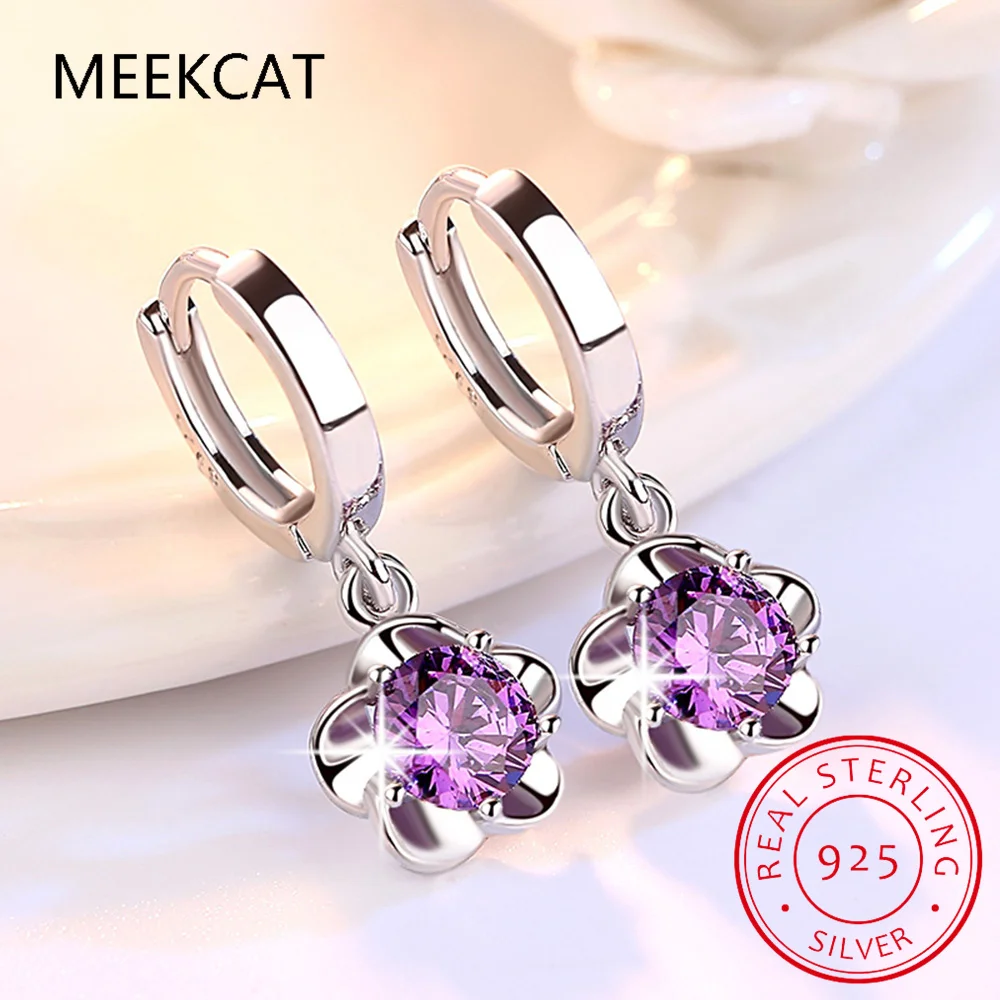 Fashion Child 925 Silver White/Purple Zirconia Cute Flower Hoop Earring Women Creole Huggies Earring Jewelry Anti-Allergic E198