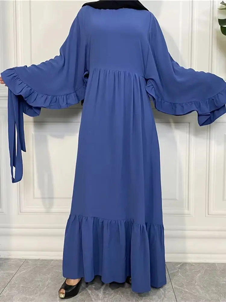 Ramadan Eid Islamic Robes Bubble Ice Silk Bat Sleeved Fancy Full Dress French Stylish Modesty Muslim Dress With Belt wy657