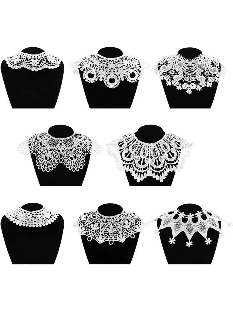 8 PCS White Lace Collar Hollow Out Lace Collar Clothes Trim Embroidery Neck Lace Floral Cape Detachable False Collar for Women