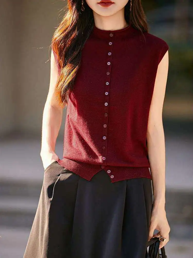 Spring Summer Knitted High Collar Loose Short Sleeve Pure Color Button Vest Women's Cashmere T-Shirt Casual Style Base Top