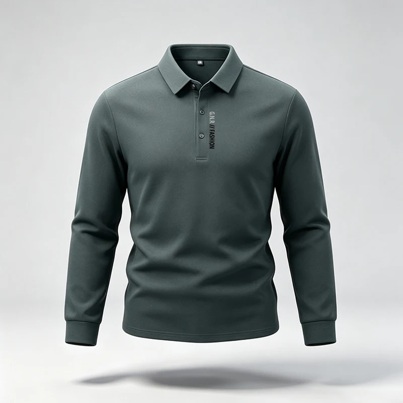 Trendiges Herren-Poloshirt mit Reverskragen, langen Ärmeln, Knopfleiste und Buchstabenmuster, ideal für kurze Ausflüge, gesellschaftliche Anlässe und als modische Streetwear. – Detail 7