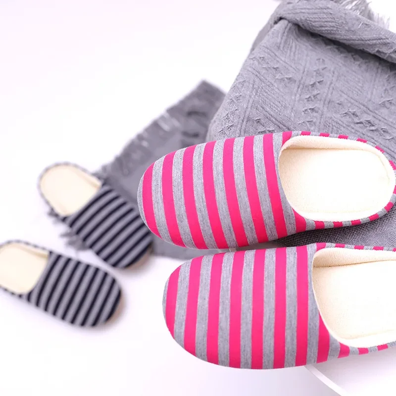 Soft Striped Indoor Mute Cotton Slippers for Women House Shoes Non-Slip Slippers Warm Plush Unisex Comfortable Floor Slipper