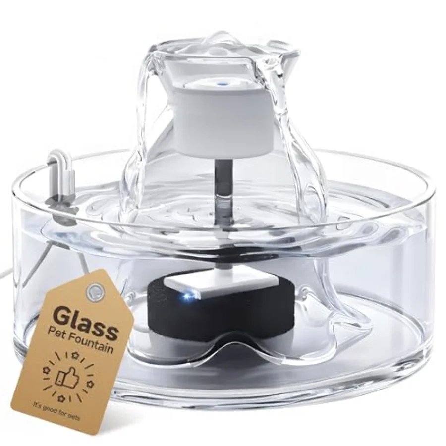

Glass Cat Water Fountain for indoor use, borosilicate glass, clear, ultra-quiet 2.7L capacity with spill-resistant design and B