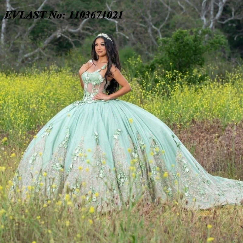 

EVLAST Shiny Sage Green Quinceanera Dress Ball Gown Floral Applique Beaded Crystals Corset Sweet 16 Vestidos De XV 15 Anos SQ96