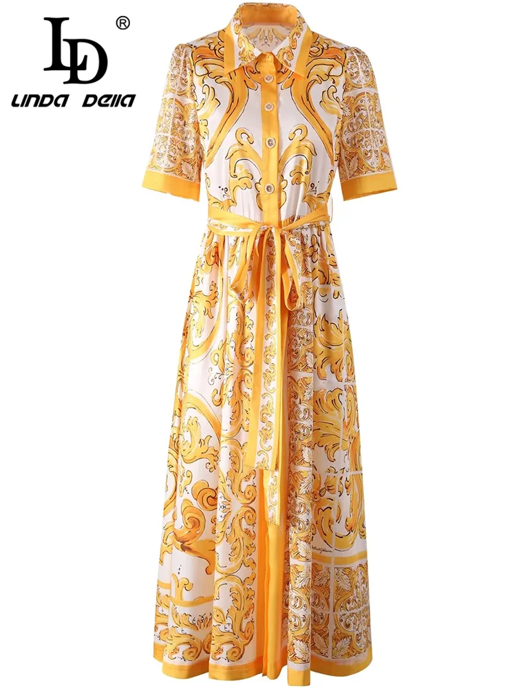 LD LINDA DELLA 2024 Summer Fashion Dress Women Vintage Temperament Turn-down Collar Single Breasted Lace Up Sashes Dresses