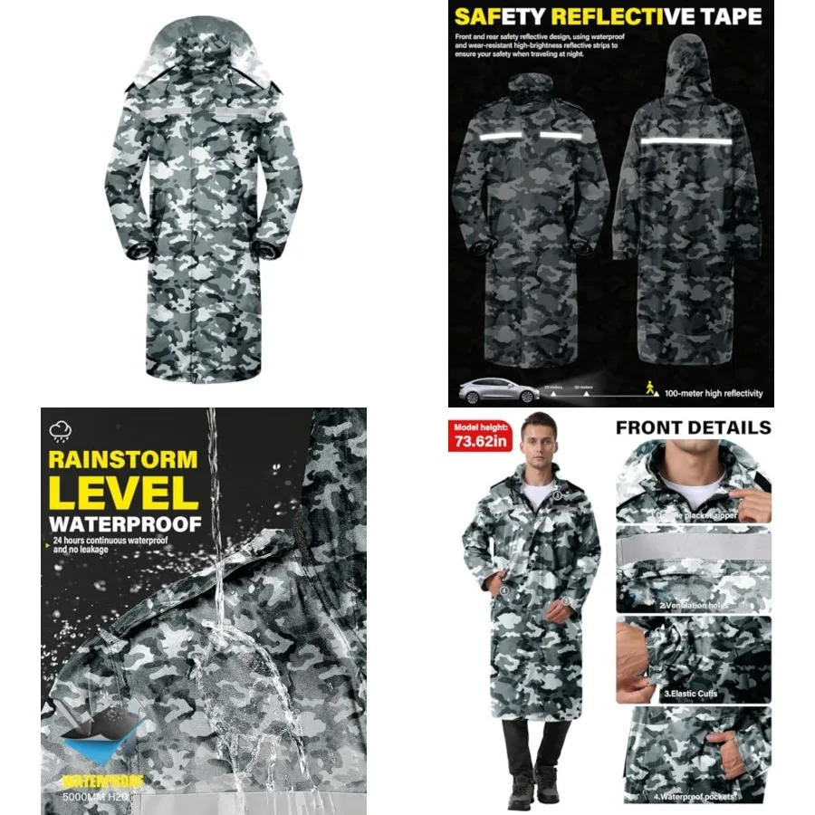 

iCreek Raincoat Waterproof Long Rain Jacket Lightweight Rainwear Reflective with Packable Hood for Men Women Adults