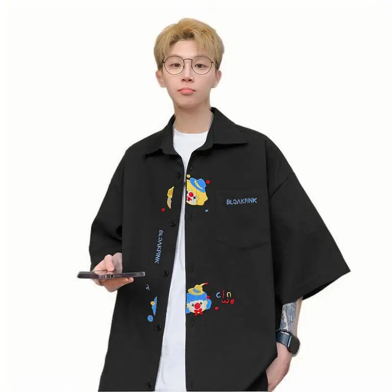 NF&ZG Embroidered short-sleeved shirt men's summer trendy American style shirt loose trendy five-point sleeve casual jacket