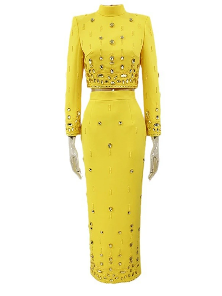 Conjunto de fato de pista de rua feminina, colarinho com fecho de correr, saia longa, designer mais novo, 2 peças, 2024