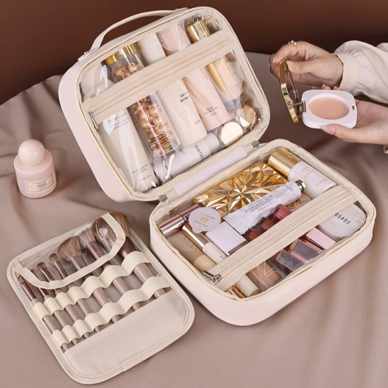 

Makeup Bag PU Leather Double Layer Waterproof Cosmetic Bag Large Capacity Toiletry Storage Organizer Women's Travel Essentials