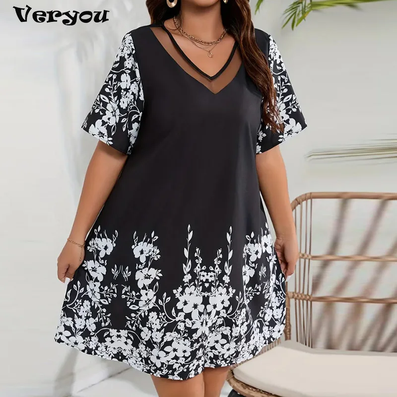 Summer Women Casual Oversize Dress Plus Size V Neck Short Sleeve Flower Print Short Dress Women Elegant Beach Holiday Dress