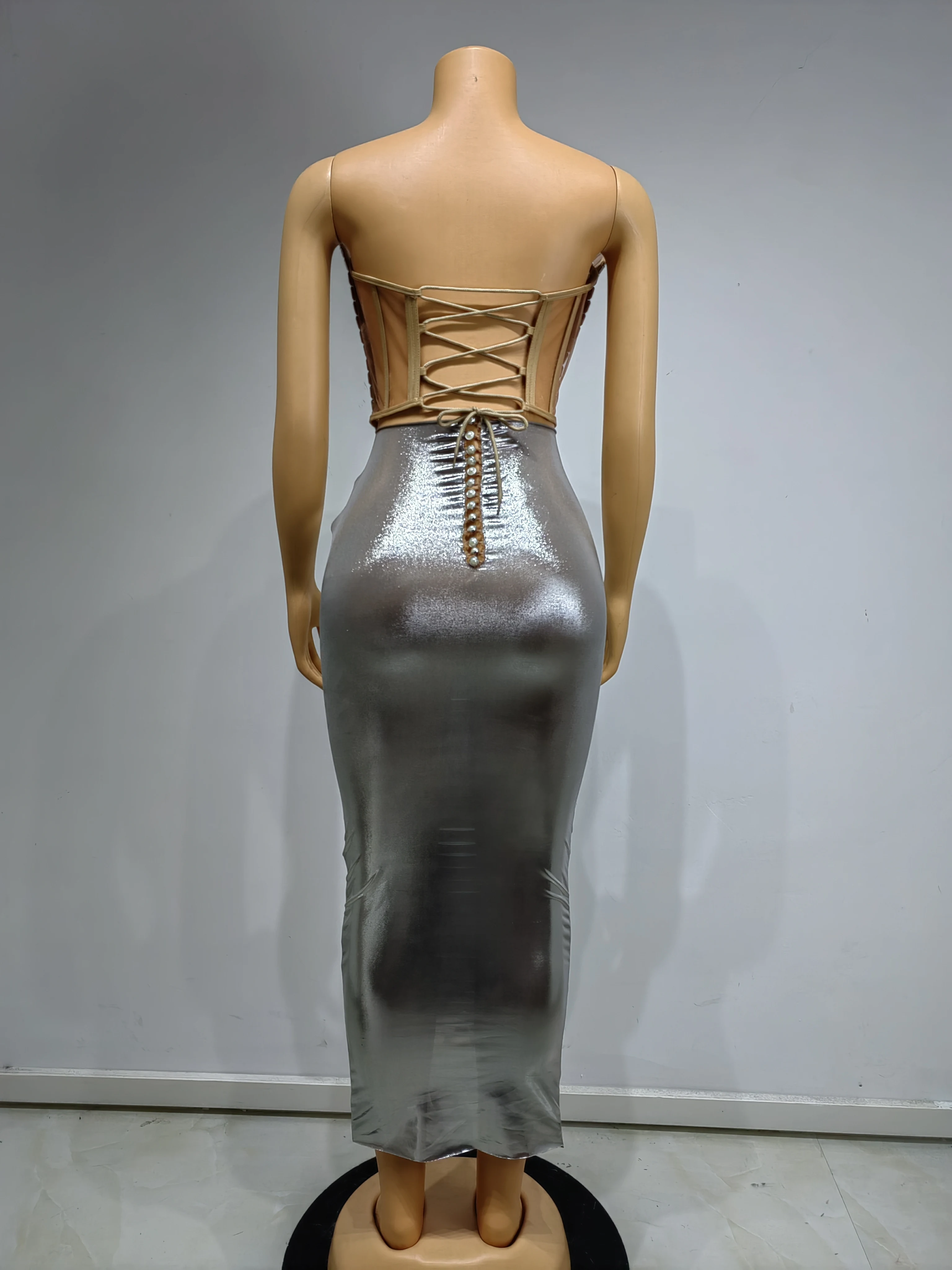 فستان حفلات نسائي فاخر فضي Y2K موضوعي ثلاثي الأبعاد بدون حمالات كريستال Bodycon طول الكاحل المشاهير مساء قطعة واحدة فساتين حفل