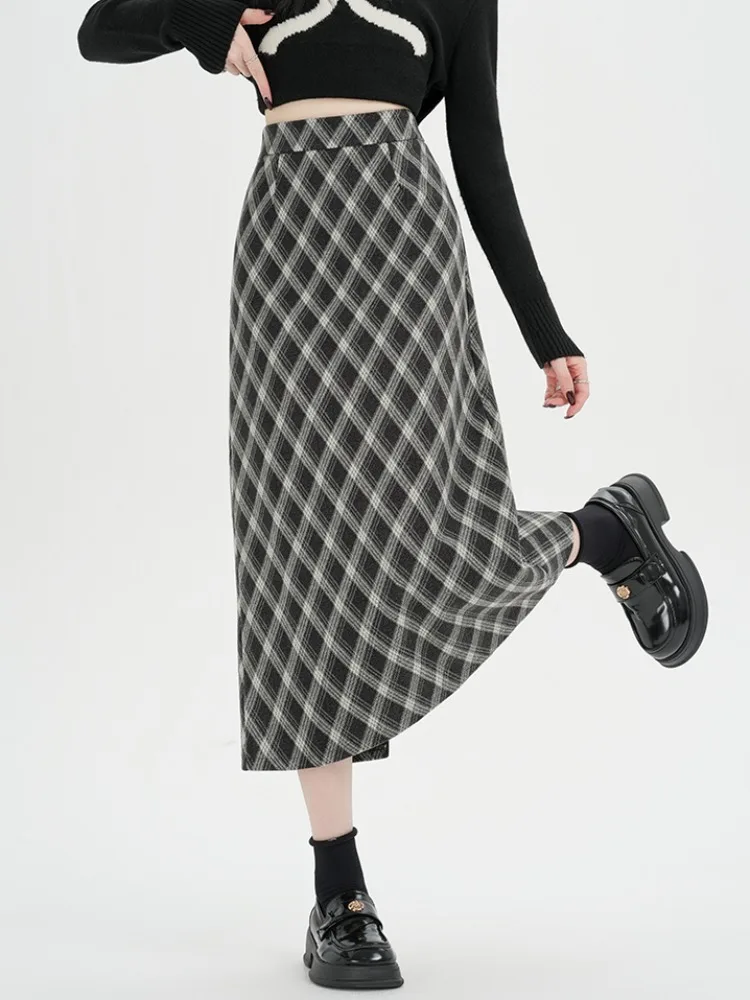 Hoge taille A-lijn rechte wollen rok Koreaanse Sle dames herfst winter geruite f-lengte rok met Ba Split