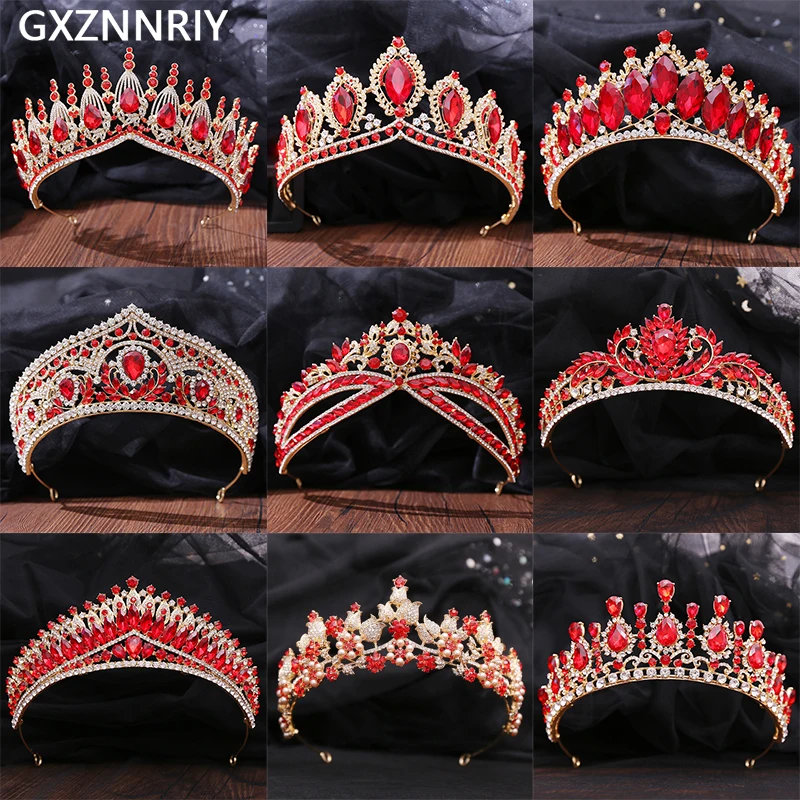 

Red Crystal Crown Rhinestone Gold Color Tiaras and Crowns for Women Hair Jewelry Party Halloween Accessories Headpiece Prom Gift