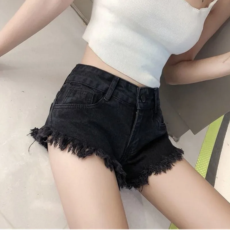 

Women's Light Grey Denim Shorts Fashion Streetwear Y2k Harajuku Korean Vintage Low Waist Tassel Shorts Jeans Clothes