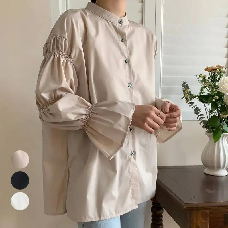 

Japanese Rakuten Spring and Autumn Top Elegant Commuting Loose Lantern Sleeve Niche Design Solid Color Stand Collar Shirt For