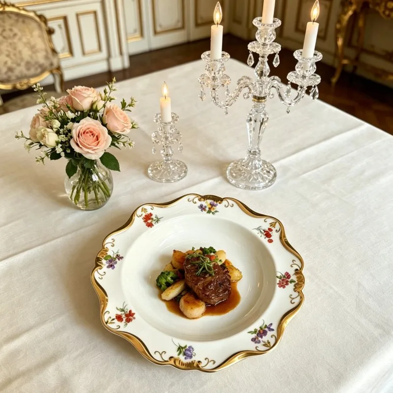 Heavy gold embossed European retro ceramic straw hat plate, gold lace deep plate, high aesthetic tableware napkin holder