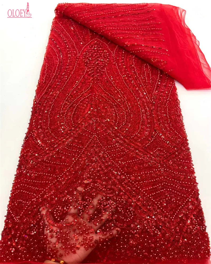 

African Nigerian High-Quality Sequins Tulle Lace Fabric Beads Embroidery Prom Dresses Sewing Net Cloth for Fashionable Clothing