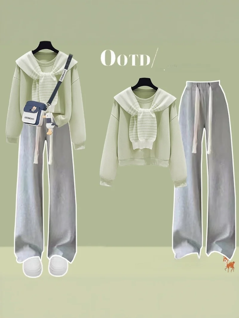 

Fashionable Shoulder Wrap Wide Leg Pants Set for Teenage Girls 12-17 Years Old High School Students Spring Autumn College Style