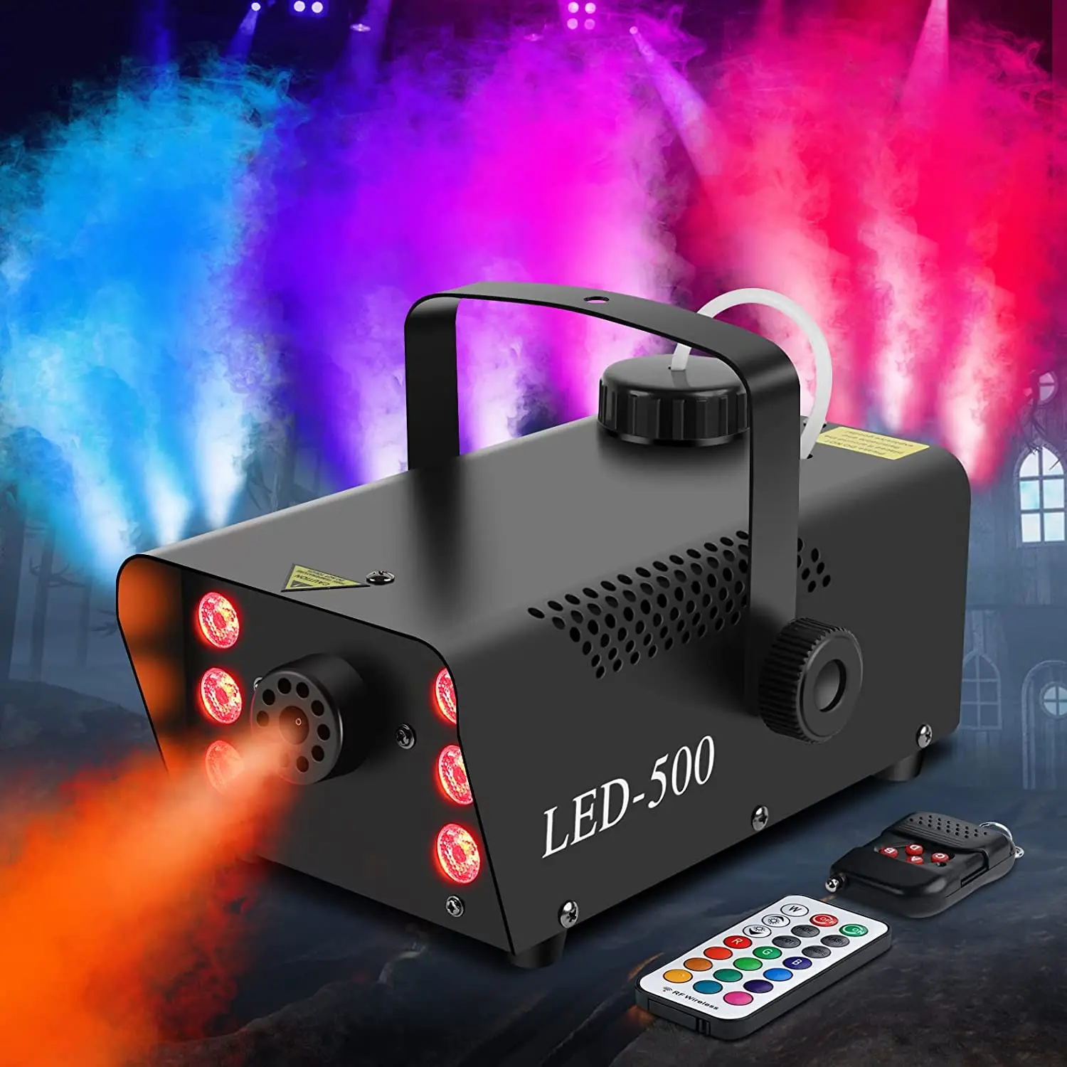 Mini 500W  6 RGB LED Stage Fog Machine Timing Wireless Remote Control Gas Thermal Light Smoke Machine For Party Halloween