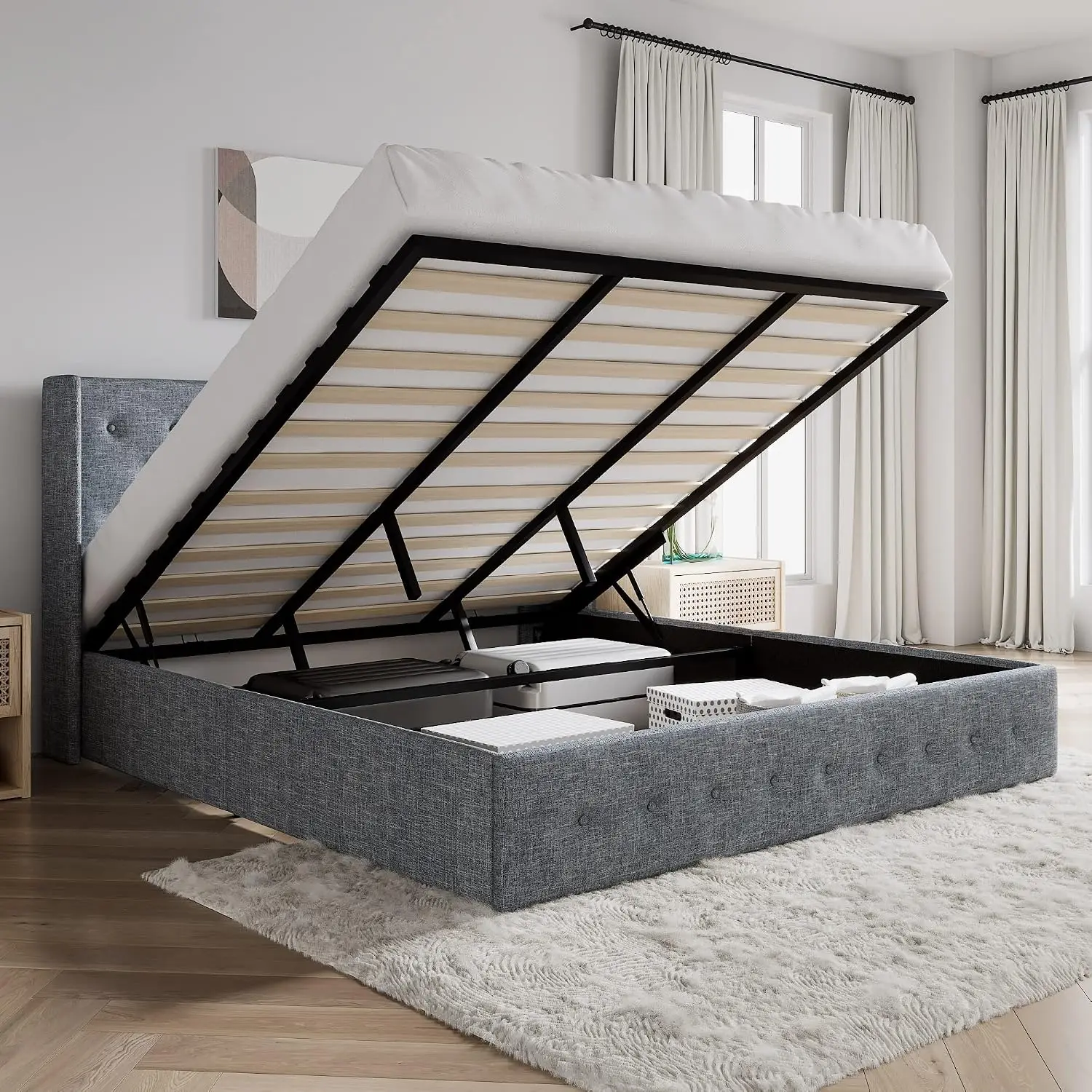 King Size Hydraulic Storage Bed Frame with Lift Up Mechanism, Customized
