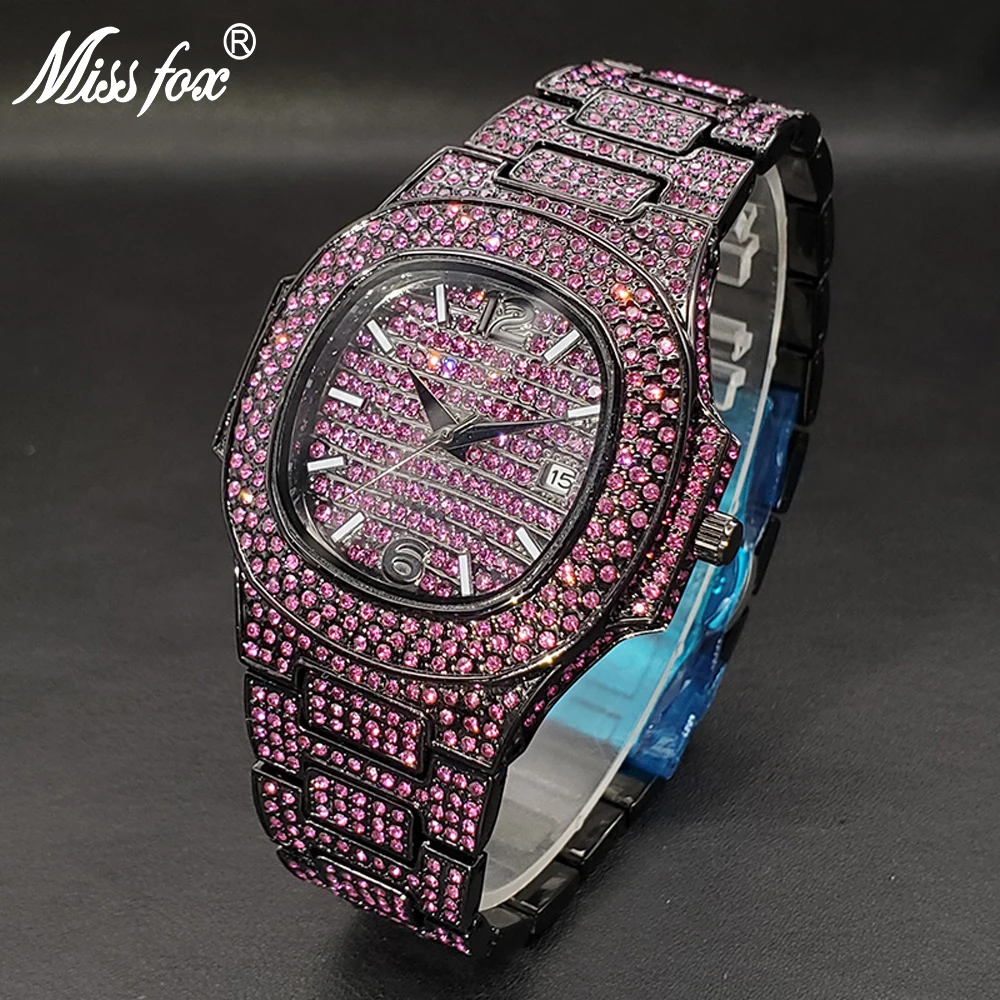 New Pink Diamond Hip Hop Watch For Men Fashion Ice Out Party Jewelry Wristwatch Luxury Shiny Gem Accessories Watches Trendy Gift