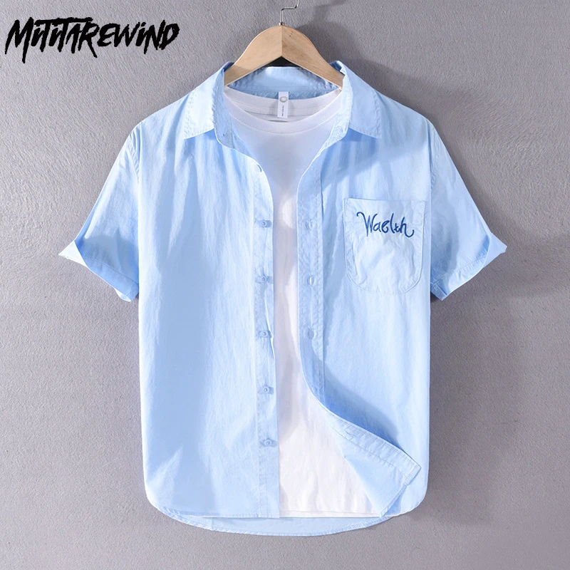 

Summer New in Shirts for Men 100% Cotton Daily Casual Fresh Shirts Embroidery Letters Pocket Short Sleeve Shirt Simple Loose Top