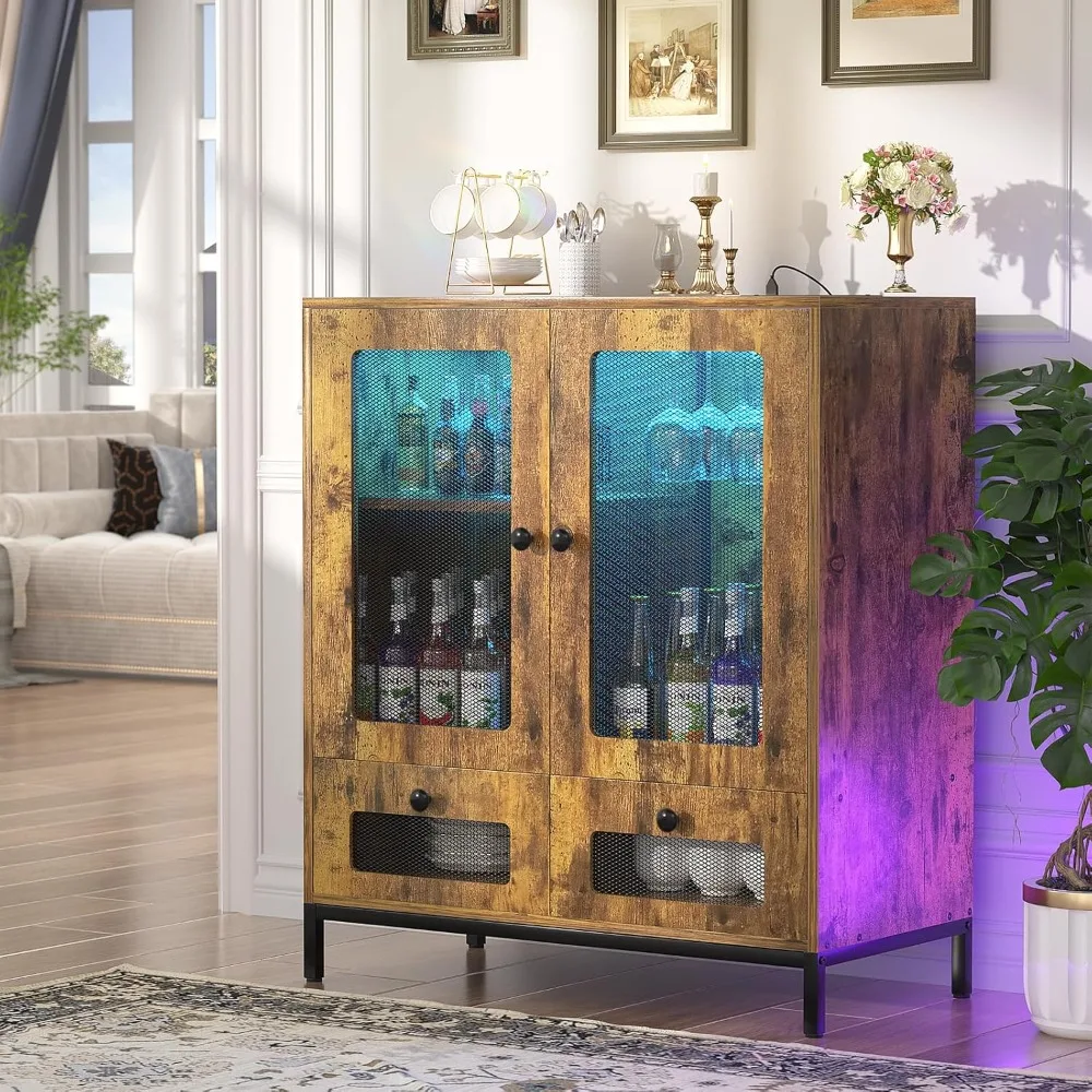 Armoire de rangement pour buffet, armoire à vin, prise de courant et lumière LED, rangement de cuisine, armoire à proximité, français ou café-bar