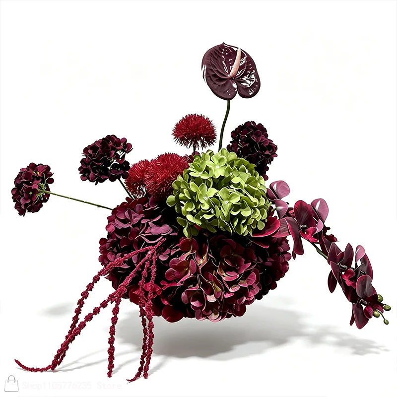 Künstliche burgundergrüne Hortensien-Tischdekoration, Hochzeits-Centerpiece, Anthurium-Orchideen-Blumenball, Event-Party-Requisiten – Detail 3