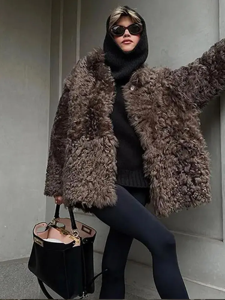 Retro Fluffy Faux Fur Coat Women Casual Single-Breasted Lapel Khaki Jacket Coats Female Autumn Warm Loose Chic Street Outwear