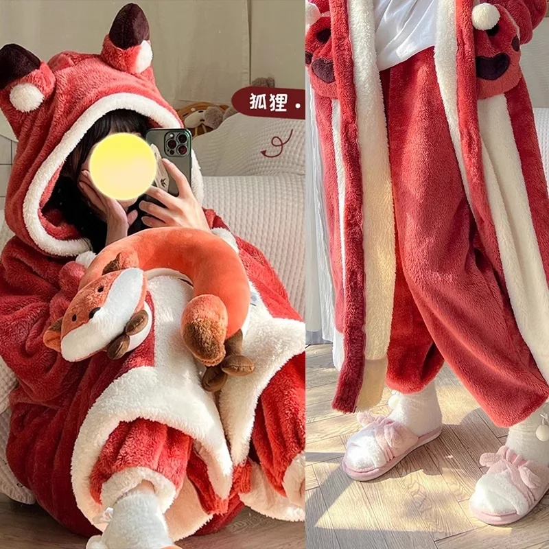 Kigurumi Adult Fox Pajamas Nightgown New Coral Fleece Disfraces For Unisex Sleepsuit Sleepwear Halloween Pyjamas Animal Onesie