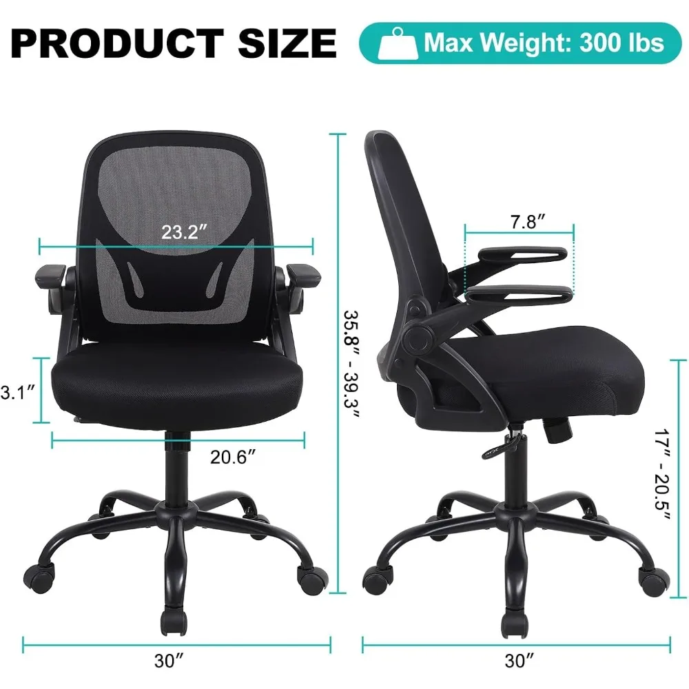 Home Office Desk Chair, Adjustable Height Ergonomic Computer Chair with Thick Cushion, Flip-up Armrests, and 360-Degree Swivel