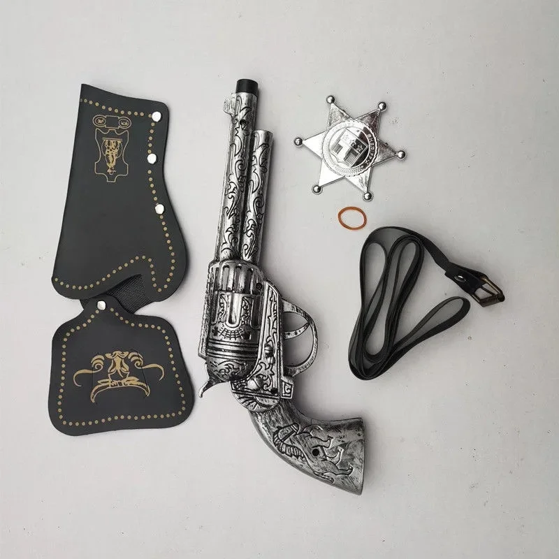 ปืนรีวอลเวอร์ของเล่นคาวบอยตะวันตกพร้อมปลอกหนัง อุปกรณ์เสริมชุดแฟนซีเด็กสำหรับวันฮาโลวีน ของเล่นพลาสติกสำหรับเล่นบทบาทสมมติ