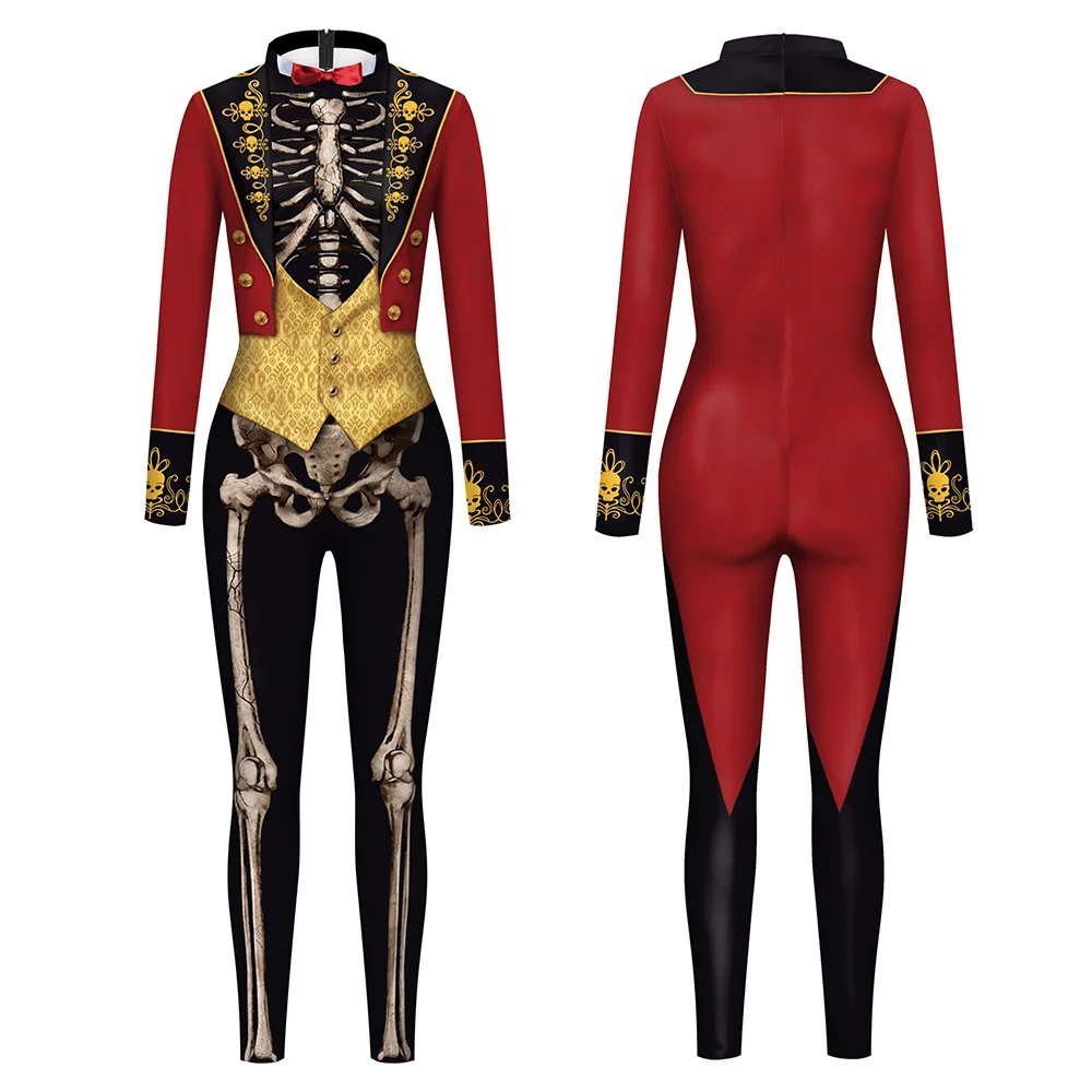 Adulti uomo donna Circus Halloween Costume Cosplay One piece Stand-up Collar maniche lunghe 3D Skeleton Print tuta