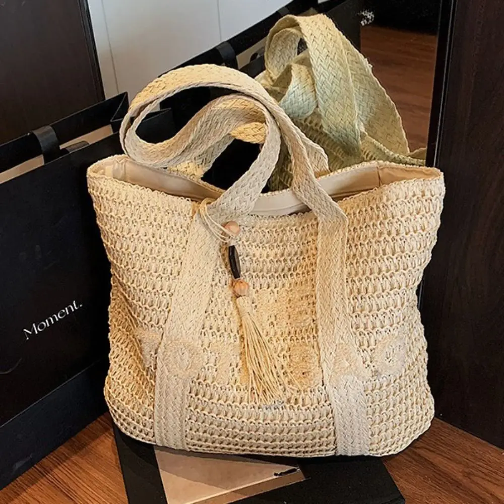 

Простая ажурная соломенная сумка через плечо в богемном стиле, дышащая летняя пляжная сумка с кисточками, портативная женская сумка для покупок