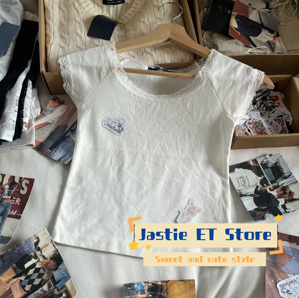 Amerikaanse Stijl Zwart Polka Dot Kant Korte Mouw T-shirt Vrouwen Sexy Slash Hals Slanke Retro Crop Top Katoenmix Korte Tees Shirt