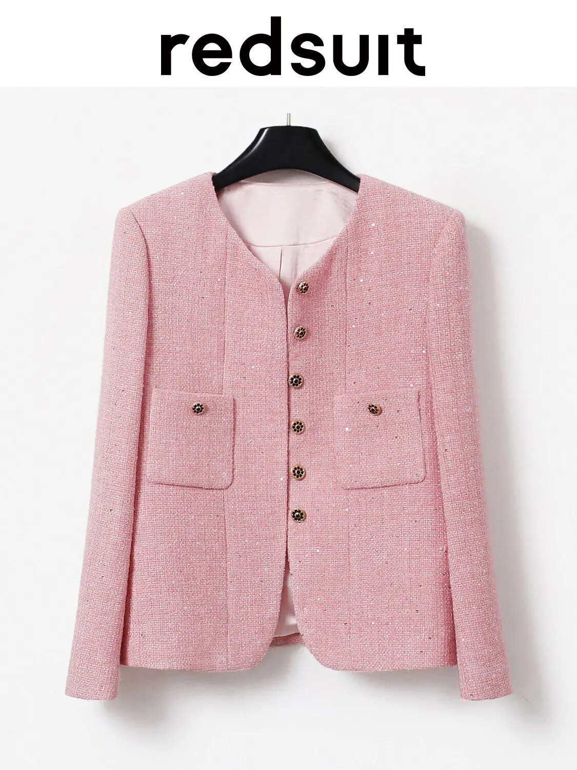 New Sweet pink sequins embellished with coarse tweed coat fashionable slimming versatile top Custom size