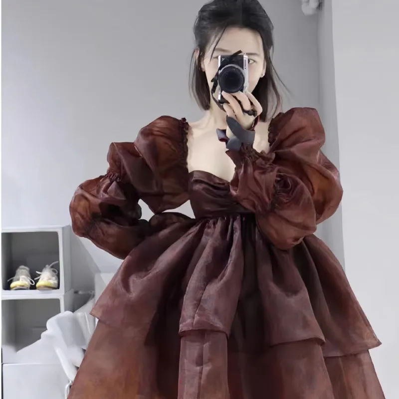 Wear Milk Sweet Skirt Printed Square Collar Puff Sleeve Tulle Dress Women